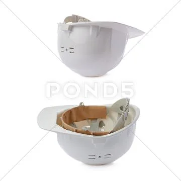 Set of Plastic safety helmet over isolated white background Stock Photos