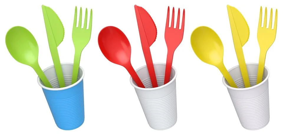 Set of plastic spoon, knife, and fork sets placed in plastic cups, isolated on Stock Illustration