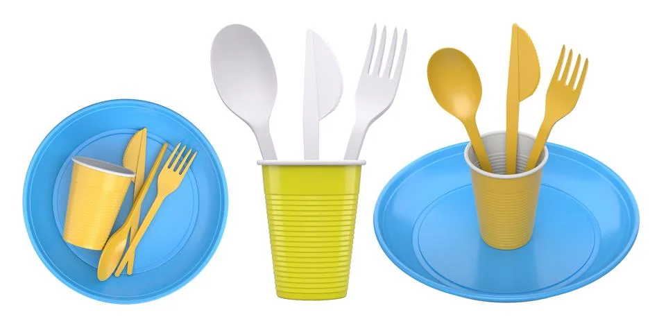 Set of plastic spoon, knife, and fork sets placed in plastic cups, isolated o Stock Illustration