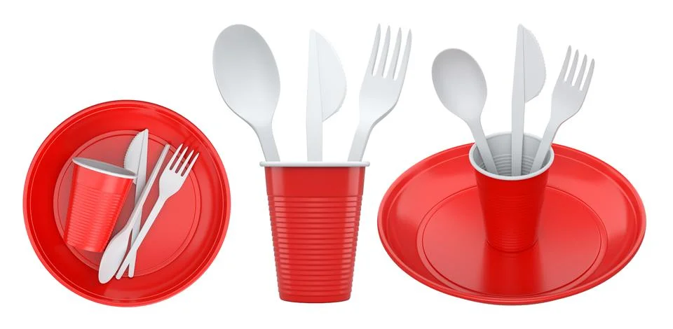 Set of plastic spoon, knife, and fork sets placed in plastic cups, isolated on Stock Illustration