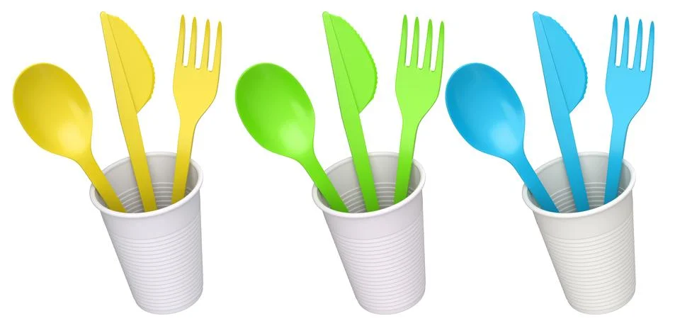 Set of plastic spoon, knife, and fork sets placed in plastic cups, isolated.. Stock Illustration