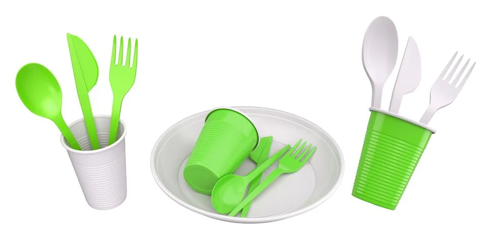 Set of plastic spoon, knife, and fork sets placed in plastic cups, isolated o Stock Illustration