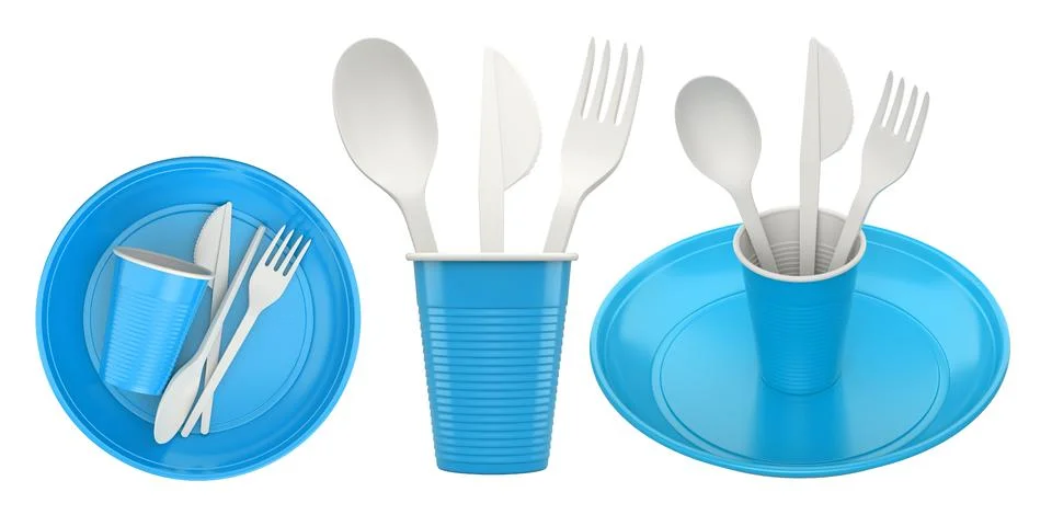 Set of plastic spoon, knife, and fork sets placed in plastic cups, isolated.. Stock Illustration