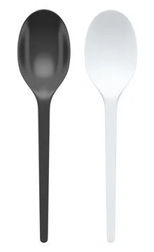 Set of plastic spoons displayed side by side, isolated on white background, c Stock Illustration