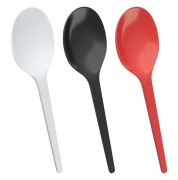 Set of plastic spoons displayed side by side, isolated on white background, c Stock Illustration