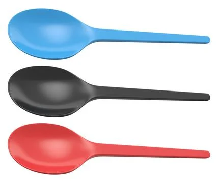 Set of plastic spoons displayed side by side, isolated on white background, c Stock Illustration