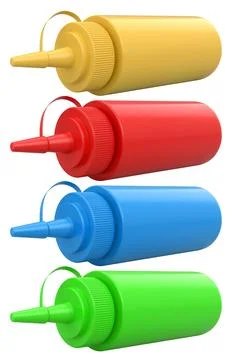 Set of plastic squeeze ketchup and mustard bottles with pointed cone caps lined Stock Illustration