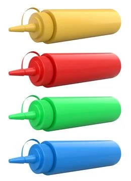 Set of plastic squeeze ketchup and mustard bottles with pointed cone caps lin Stock Illustration