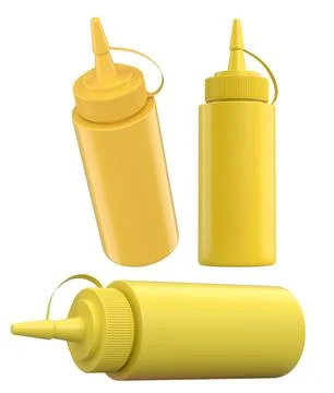 Set of plastic squeeze ketchup and mustard bottles with pointed cone caps lin Stock Illustration