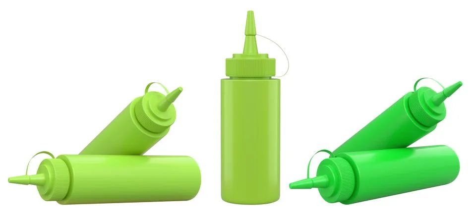 Set of plastic squeeze ketchup and mustard bottles with pointed cone caps lin Stock Illustration