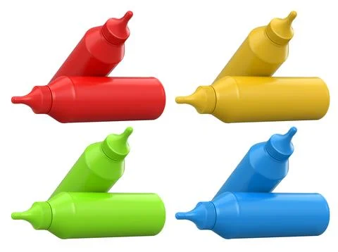 Set of plastic squeeze ketchup and mustard bottles with pointed cone caps l.. Stock Illustration