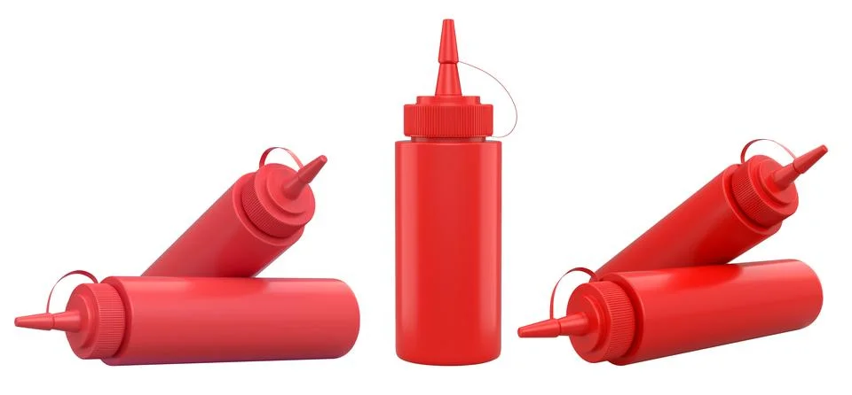 Set of plastic squeeze ketchup and mustard bottles with pointed cone caps lin Stock Illustration