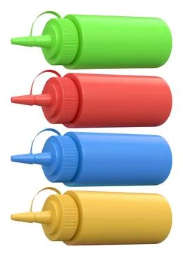 Set of plastic squeeze ketchup and mustard bottles with pointed cone caps lin Stock Illustration