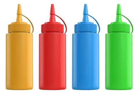 Set of plastic squeeze ketchup and mustard bottles with pointed cone caps l.. Stock Illustration