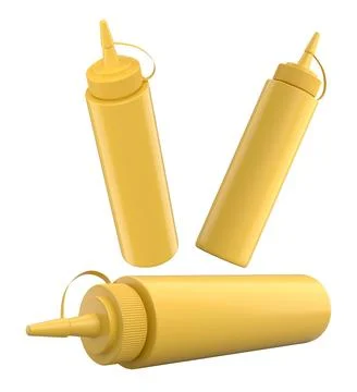 Set of plastic squeeze ketchup and mustard bottles with pointed cone caps lin Stock Illustration