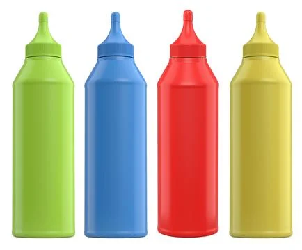 Set of plastic squeeze ketchup and mustard bottles with pointed cone caps lin Stock Illustration