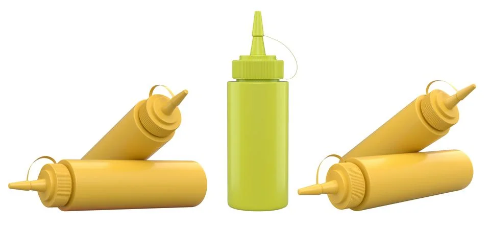 Set of plastic squeeze ketchup and mustard bottles with pointed cone caps lin Stock Illustration