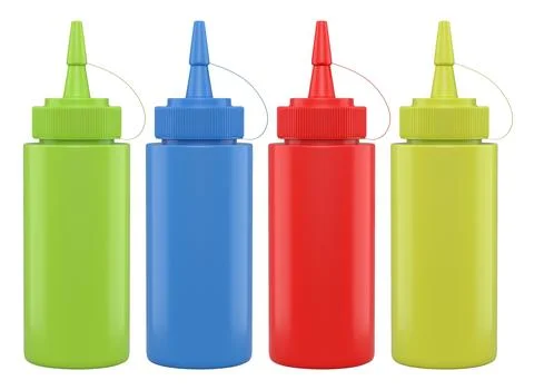 Set of plastic squeeze ketchup and mustard bottles with pointed cone caps lin Stock Illustration