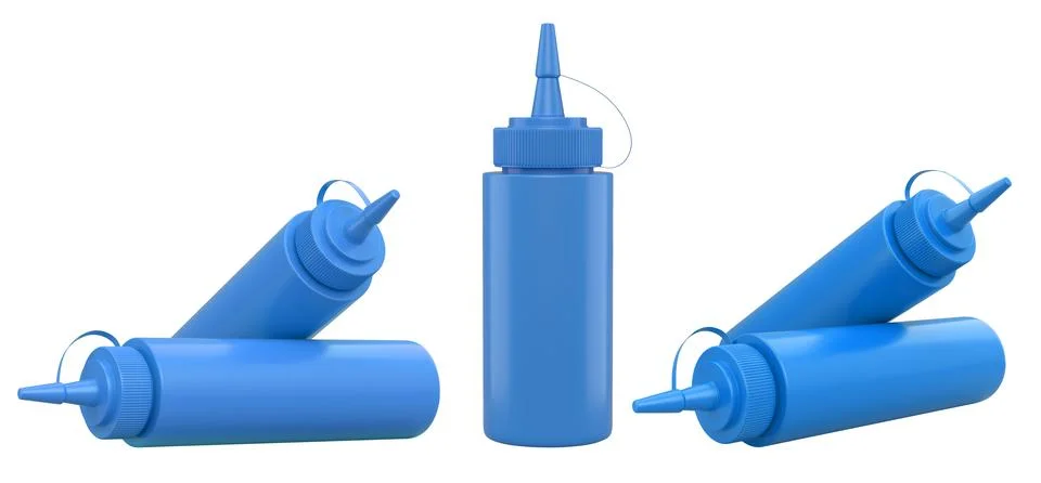 Set of plastic squeeze ketchup and mustard bottles with pointed cone caps lin Stock Illustration