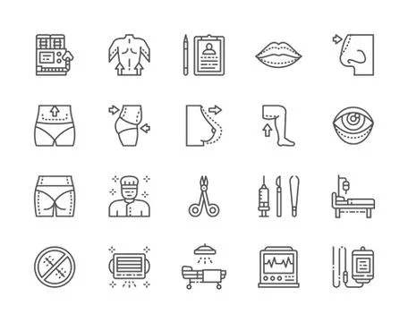 Set of Plastic Surgery Line Icons. Surgeon, Liposuction, Rhinoplasty and more. Stock Illustration