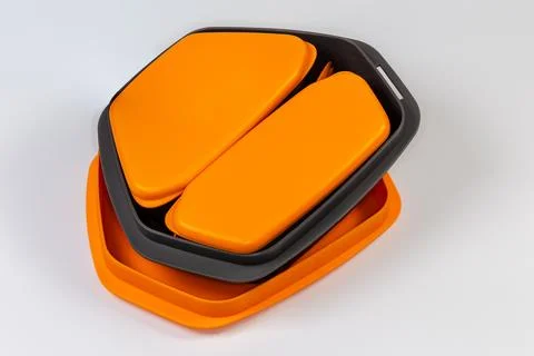 Set of plastic tourist dinnerware with closed containers different sizes Stock Photos