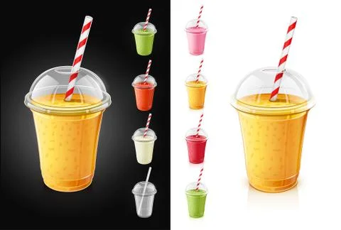 Set of plastic transparent cups with pipe for smoothie. Fresh drinks. Stock Illustration