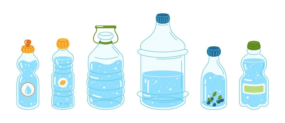 Set of plastic water bottles in different shapes Stock Illustration