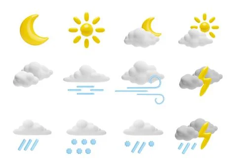 Set of plasticine clouds with suns, rains and moons 3D style Ilustração Stock