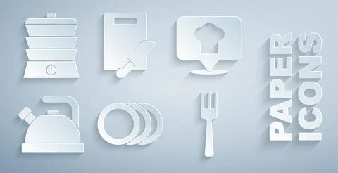 Set Plate, Chef hat with location, Kettle handle, Fork, Cutting board knife.. Illustration