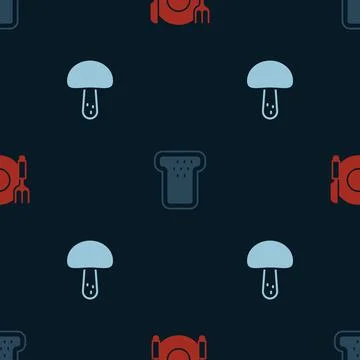 Set Plate, fork and knife, Bread toast and Mushroom on seamless pattern. Vector Illustrazione stock