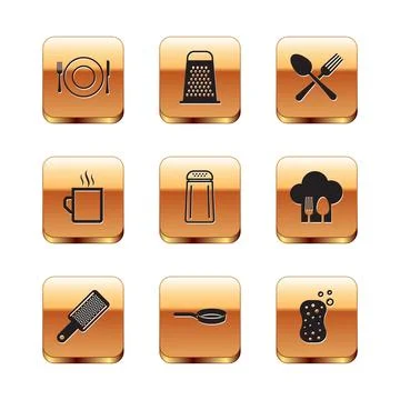 Set Plate, fork and knife, Grater, Frying pan, Salt pepper, Coffee cup, Cross Ilustração Stock