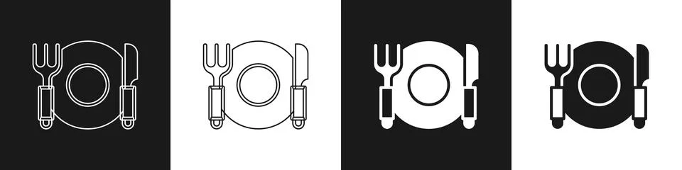 Set Plate, fork and knife icon isolated on black and white background. Cutlery Stock Illustration