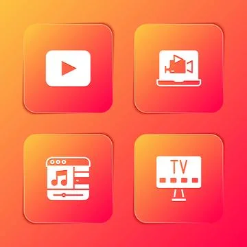 Set Play button, Online play video, Music player and Smart Tv icon. Vector Stock Illustration