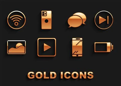 Set Play in square, Fast forward, Battery charge level indicator, Smartphon.. Illustrazione stock