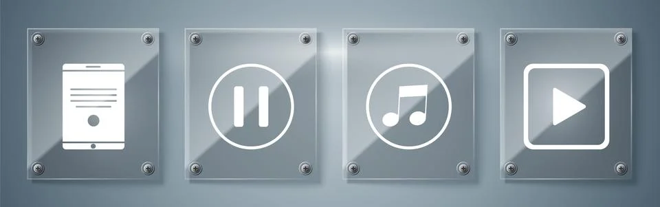 Set Play in square, Music note, tone, Pause button and Tablet. Square glass Illustrazione stock