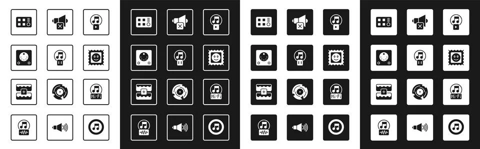 Set Play in square, Pause button, Drum machine, LSD acid mark, Speaker mute Illustrazione stock