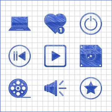 Set Play in square, Speaker volume, Star, Floppy disk for computer data storage Stock Illustration
