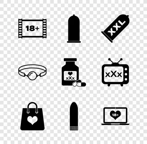 Set Play Video with 18 plus, Condom safe sex, Shopping bag heart, Dildo vibrator 스톡 일러스트