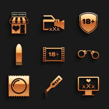 Set Play Video with 18 plus, Spanking paddle, Monitor content, Handcuffs, Condom Stock-Illustration