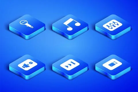 Set Play video button, Microphone, Fast forward, Speaker mute, Music note, tone Stock Illustration