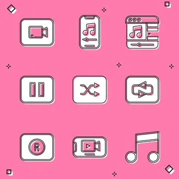 Set Play video button, Music player, Pause, Arrow shuffle, Repeat, Record a.. Stock Illustration