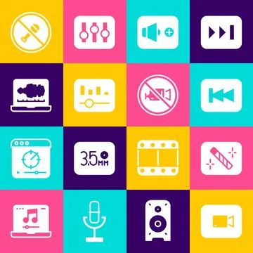 Set Play video button, Photo retouching, Rewind, Speaker volume, Music equalizer イラスト素材