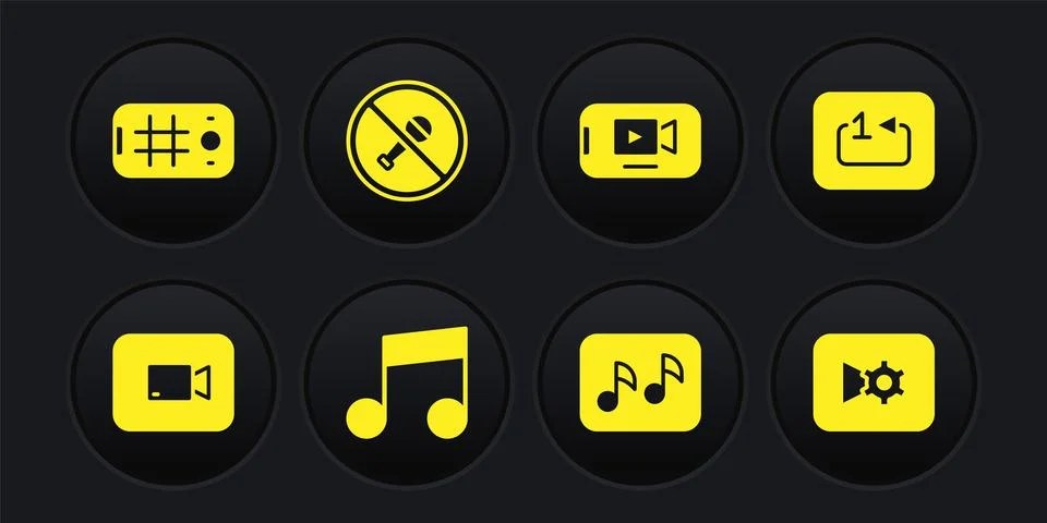 Set Play video button, Repeat track music player, Music note, tone, Online, Mute Stock Illustration