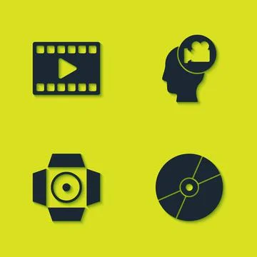 Set Play Video, CD or DVD disk, Movie spotlight and Head with camera icon Illustrazione stock