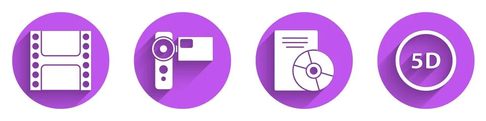 Set Play Video, Cinema camera, CD or DVD disk and 5d virtual reality icon with Stock Illustration