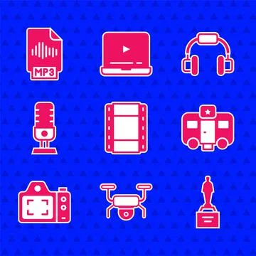Set Play Video, Drone flying, Movie trophy, Actor trailer, Photo camera Stock Illustration