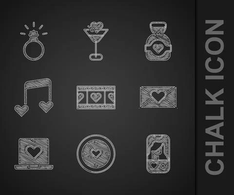 Set Play Video with heart, Clock, Dating app online, Envelope Valentine, Music Stock Illustration
