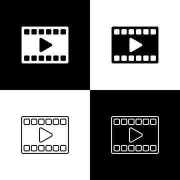 Set Play Video icon isolated on black and white background. Film strip with p Stock Illustration