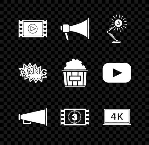 Set Play Video, Megaphone, Table lamp, Laptop screen with 4k video technology Illustrazione stock