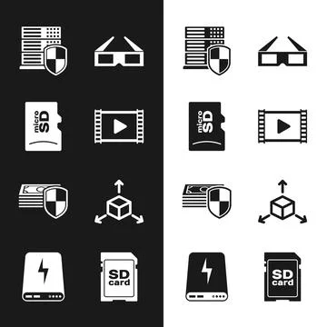 Set Play Video, Micro SD memory card, Server with shield, 3D cinema glasses Stock Illustration